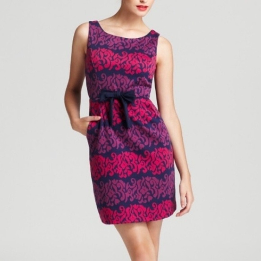 Lilly Pulitzer Evie Shift Dress Pink Navy Damask Jacquard Bow Pockets Size S